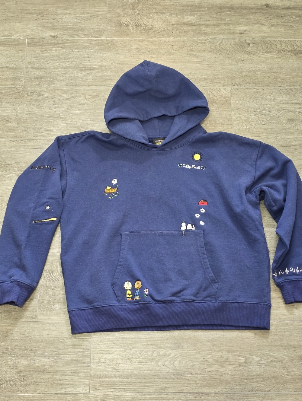 Peanuts Teddy Fresh Collab Sweatshirt Hoodie Womans Sz M Blue Embroidered